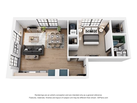Floor plan for 1 bed, 1 bath, 690 sqft